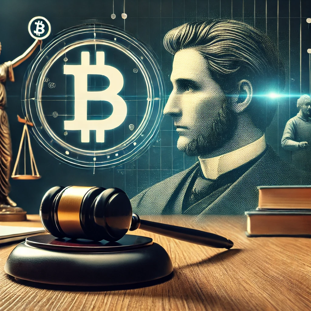 A featured image depicting Craig Wright's legal controversy over Bitcoin, featuring a gavel in a courtroom setting, a Bitcoin symbol, and a silhouette of Craig Wright in the background.