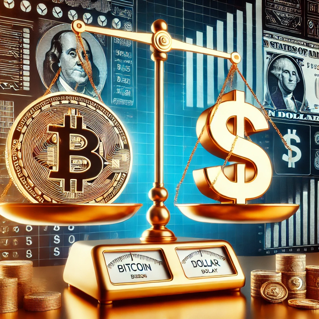 A balance scale with a Bitcoin symbol on one side and a dollar sign on the other, representing the comparison between Bitcoin and fiat currencies.