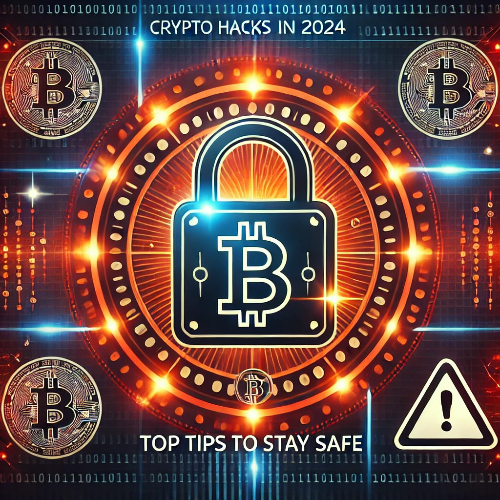 A secure digital padlock with a Bitcoin symbol, surrounded by blockchain visuals and warning signs, emphasizing protection against crypto hacks in 2024.