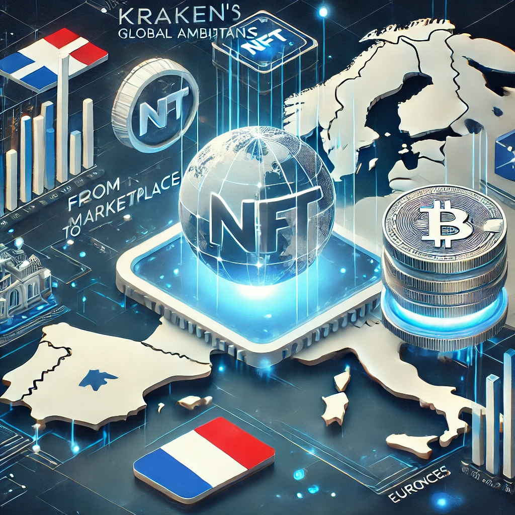 A professional image highlighting Kraken's global ambitions with a digital NFT marketplace, a map of Europe, and cryptocurrency symbols like Bitcoin, showcasing innovation and expansion.