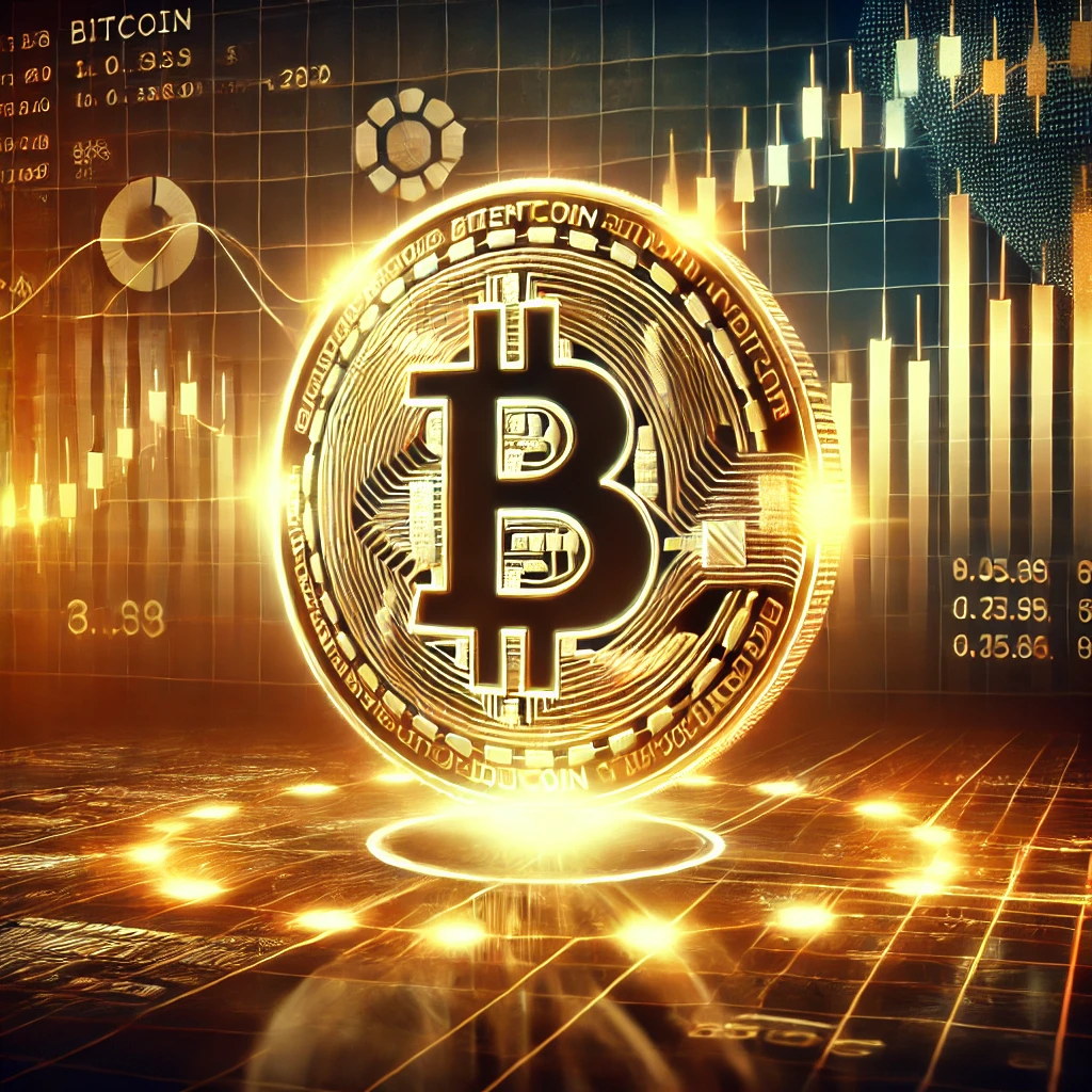 A glowing Bitcoin symbol displayed on a graph with sharp price fluctuations, set against a backdrop of financial charts and economic indicators, representing Bitcoin's volatile week.