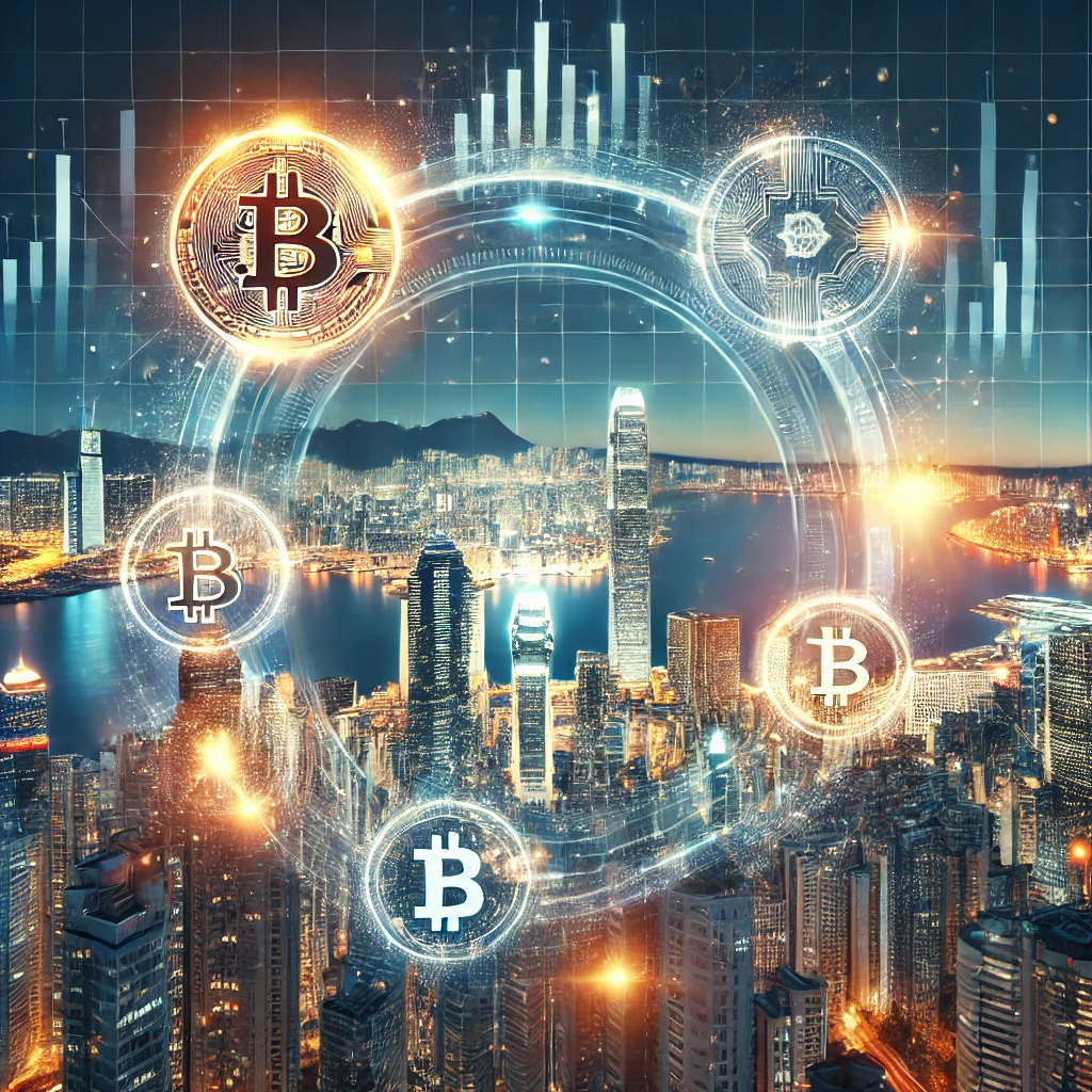 Hong Kong's skyline blended with glowing Bitcoin symbols and trading graphs, representing cryptocurrency adoption and innovation in the financial hub.