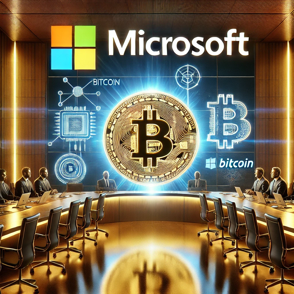 Futuristic image featuring a glowing digital Bitcoin coin in the foreground, with a corporate boardroom setting in the background, symbolizing the intersection of Bitcoin and Microsoft’s strategic vision.