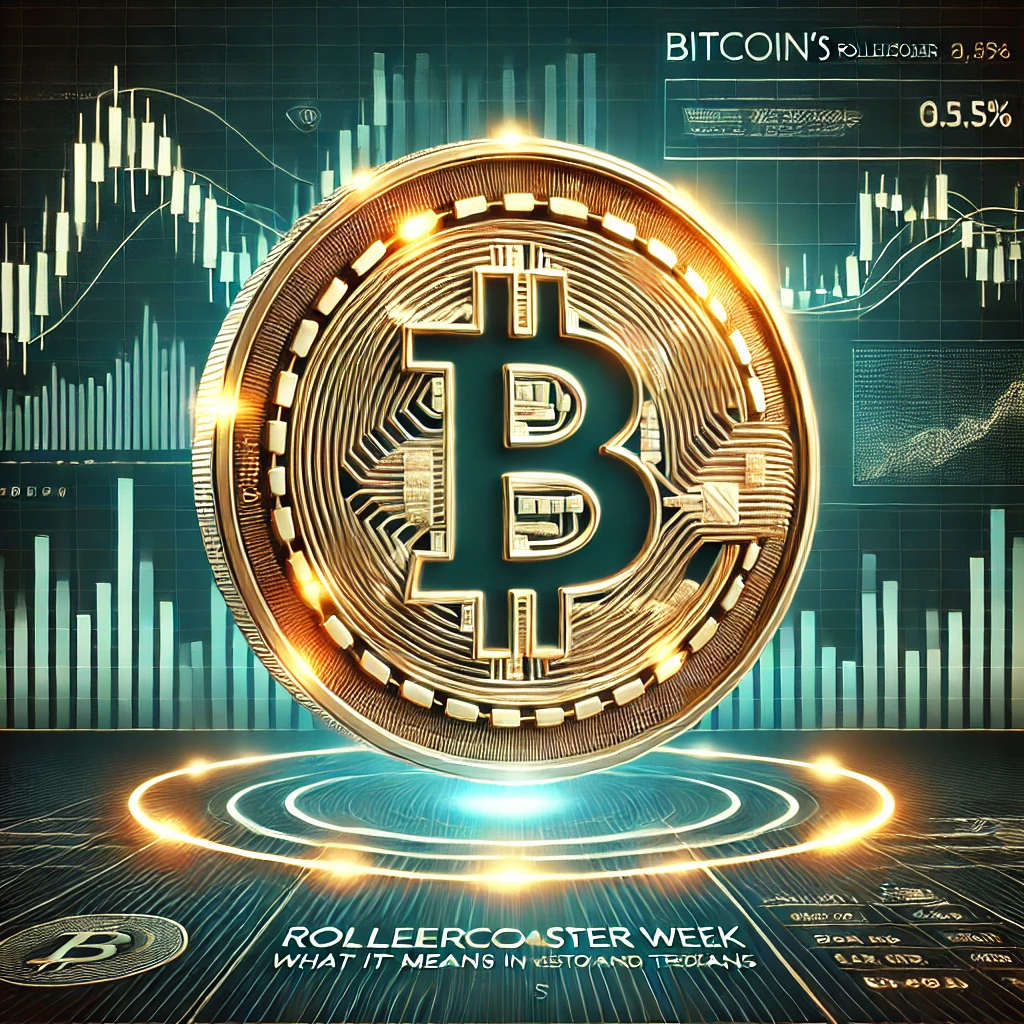 A glowing Bitcoin symbol with a graph showing sharp price fluctuations in the background, overlaid with financial charts and candlestick patterns, representing market volatility.