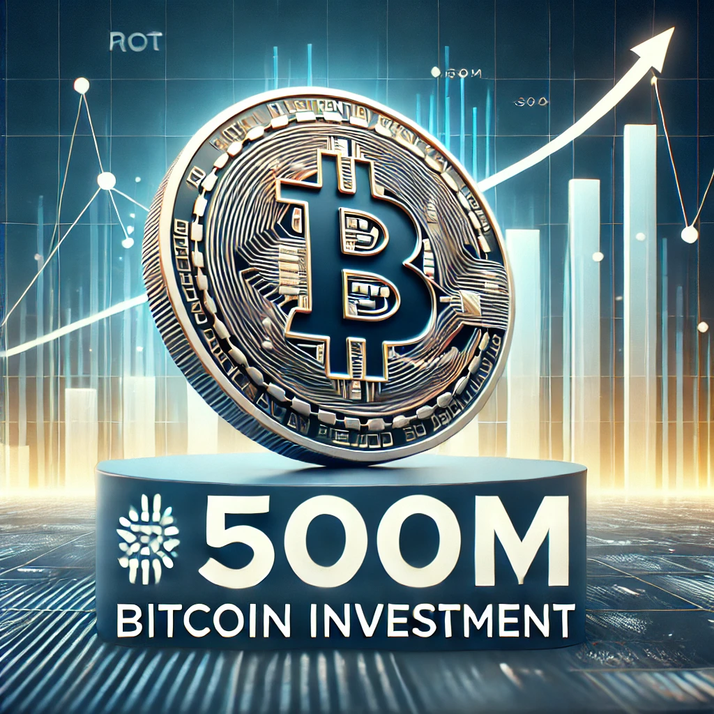 Featured image illustrating Riot Platforms' $500 million Bitcoin investment. The image showcases a Bitcoin coin in the foreground with rising financial graphs in the background, using blue, gold, and white tones to symbolize growth and innovation