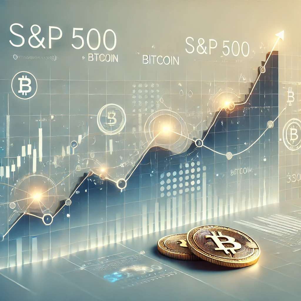 Featured image showcasing financial trends with a declining S&P 500 graph in blue and an ascending Bitcoin trajectory in gold on a futuristic gradient background. Includes minimalistic icons of Bitcoin and stock symbols for added context.