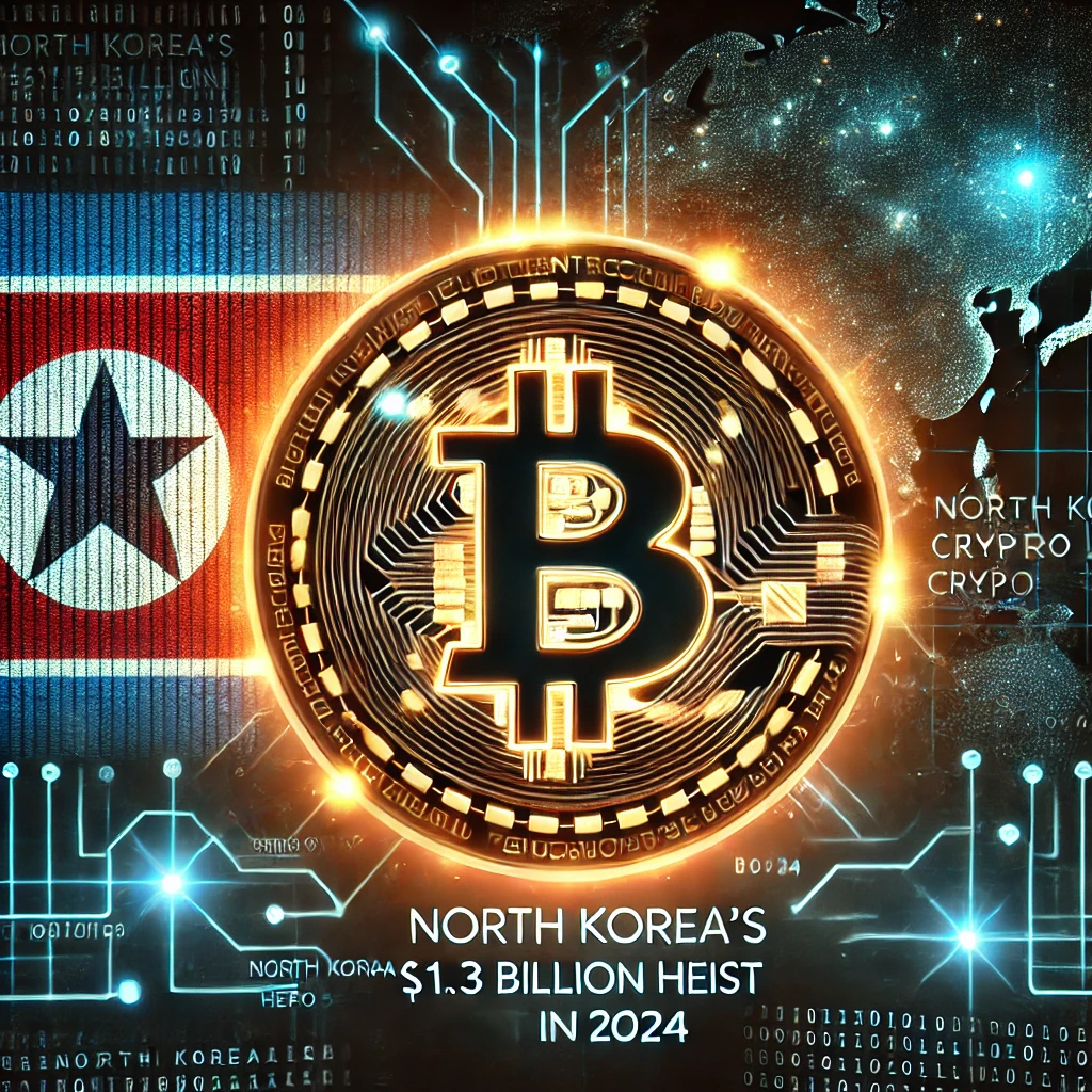 A featured image depicting North Korea's involvement in cryptocurrency theft, with a glowing Bitcoin symbol surrounded by digital network elements and the North Korean flag in the background. The design includes binary codes and a dark global cybercrime theme