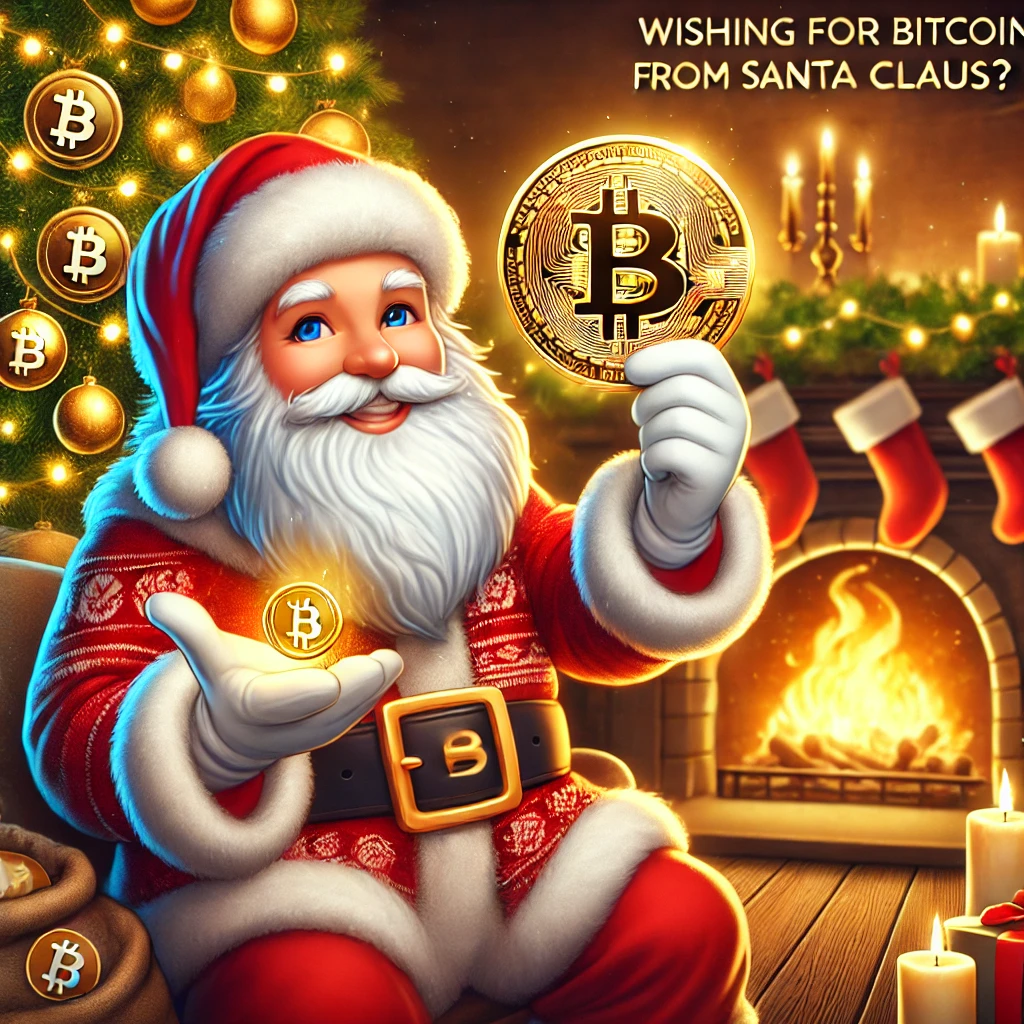 A cheerful Santa Claus holding a shiny Bitcoin coin, sitting by a festive Christmas tree decorated with Bitcoin ornaments. The cozy background features a glowing fireplace and holiday stockings, blending the warmth of Christmas with cryptocurrency.