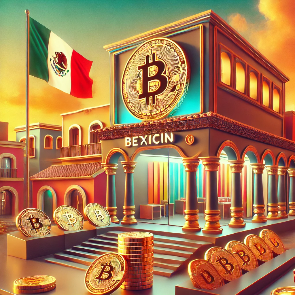 Vibrant digital artwork featuring a modern Mexican retail store inspired by traditional architecture, with prominent Bitcoin elements such as a large Bitcoin symbol, golden coins, and the Mexican flag subtly displayed in the background, representing innovation and the integration of cryptocurrency in retail