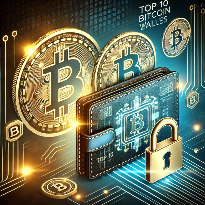 Featured image showcasing a futuristic digital wallet with glowing Bitcoin symbols, a secure padlock icon, and a blockchain-inspired background, promoting the blog post 'Top 10 Bitcoin Wallets 2024