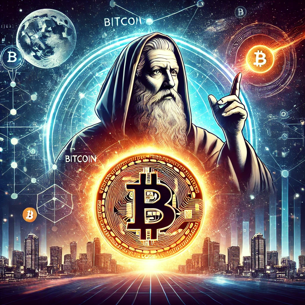 A digital artwork of Nostradamus with a futuristic backdrop featuring a glowing Bitcoin symbol, blockchain patterns, and a futuristic cityscape, representing Bitcoin predictions for 2025.