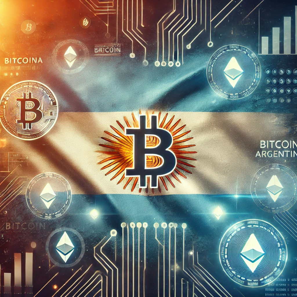 Argentina flag blended with Bitcoin symbols, highlighting digital transformation with blockchain elements and glowing cryptocurrency icons