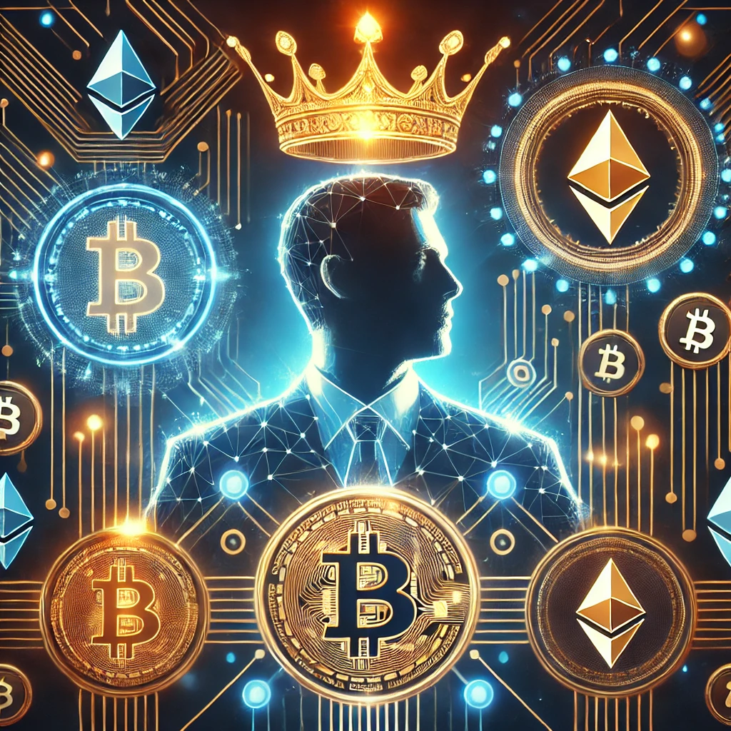 Futuristic image representing cryptocurrency leadership with glowing Bitcoin and Ethereum logos, digital circuit patterns, and a stylized crown symbolizing power and innovation.