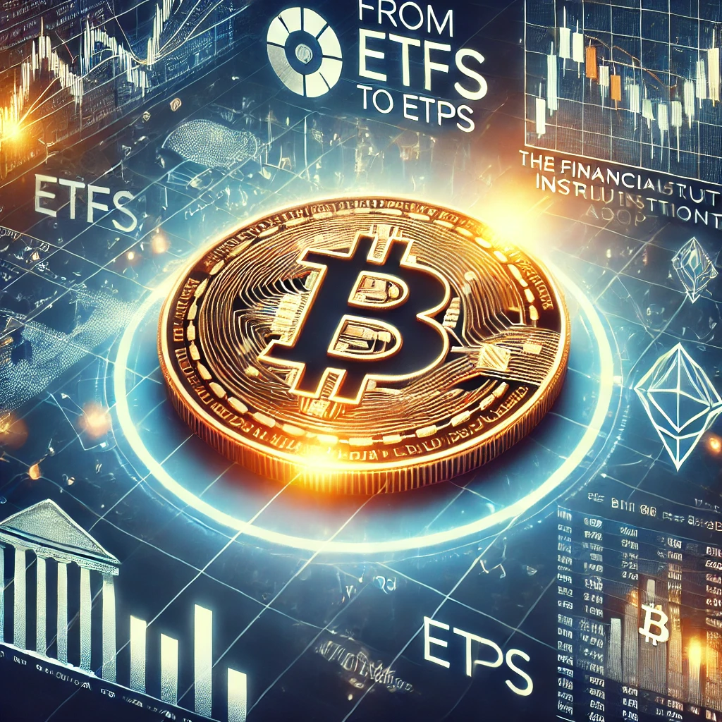 A glowing Bitcoin symbol surrounded by stock market charts, financial documents, and representations of ETFs and ETPs, illustrating the role of financial instruments in Bitcoin’s mainstream adoption.