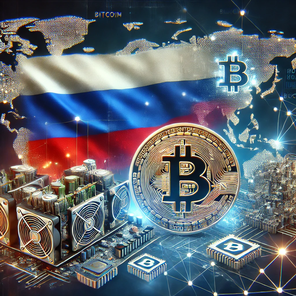 A visually engaging image featuring the Russian flag, Bitcoin logo, digital mining rigs, and blockchain networks overlaid on a global map, symbolizing Russia's crypto mining strategy amidst sanctions.