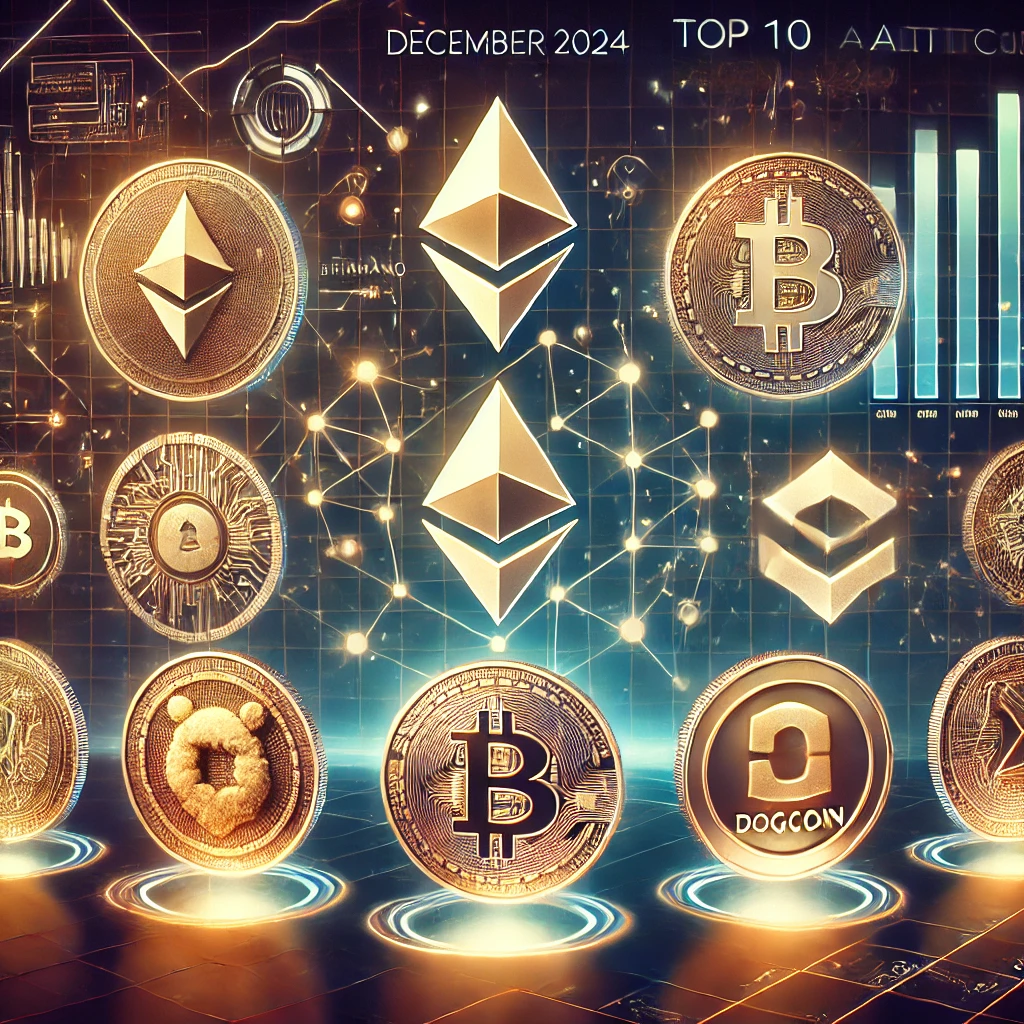 Featured image showcasing the top 10 altcoins of December 2024, including symbols for Ethereum, Binance Coin, Cardano, Solana, Dogecoin, and more, set against a futuristic digital background with blockchain nodes and charts.