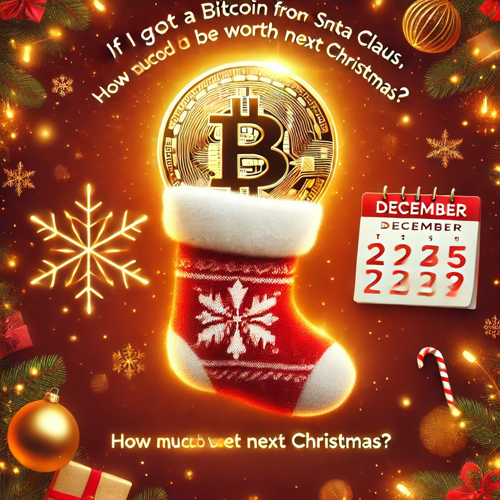 A glowing Bitcoin coin inside a festive Christmas stocking with a holiday-themed background, including snowflakes, Christmas lights, and a calendar showing December 2025.