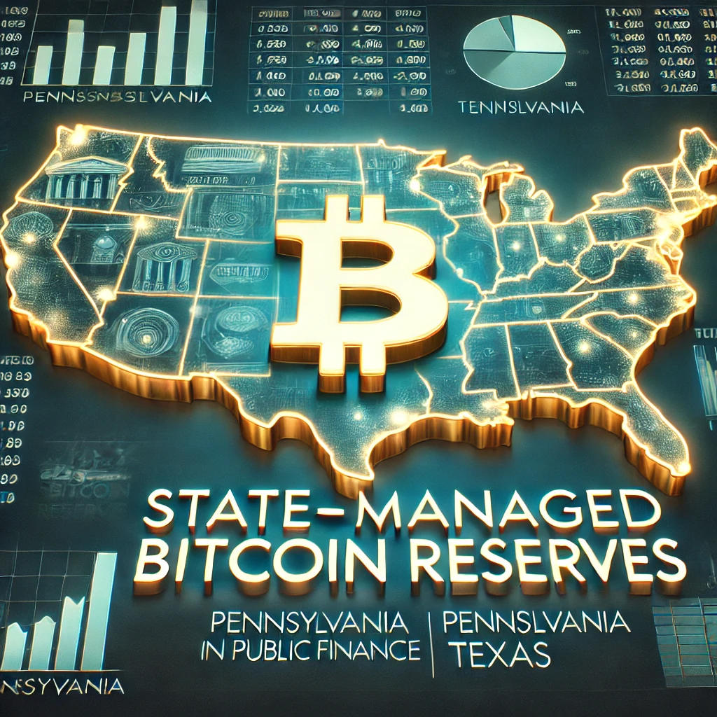 A featured image showing a glowing Bitcoin symbol over a map of the United States, with Pennsylvania and Texas highlighted. The background features financial charts and digital grids, symbolizing innovation in public finance and cryptocurrency adoption.