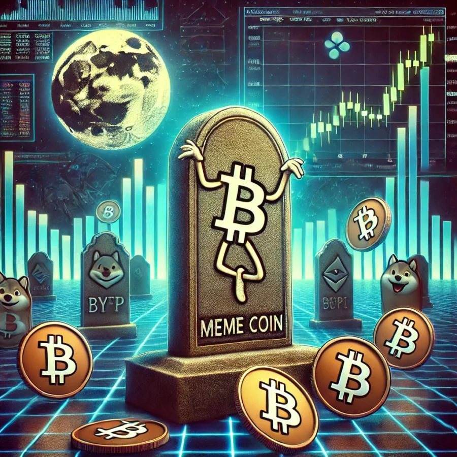 A visually striking featured image depicting a digital graveyard theme for meme coins. The image includes a gravestone with a Bitcoin logo and generic cryptocurrency symbols in a futuristic, somber setting. The background features declining digital charts, representing the fading trends of meme coins.