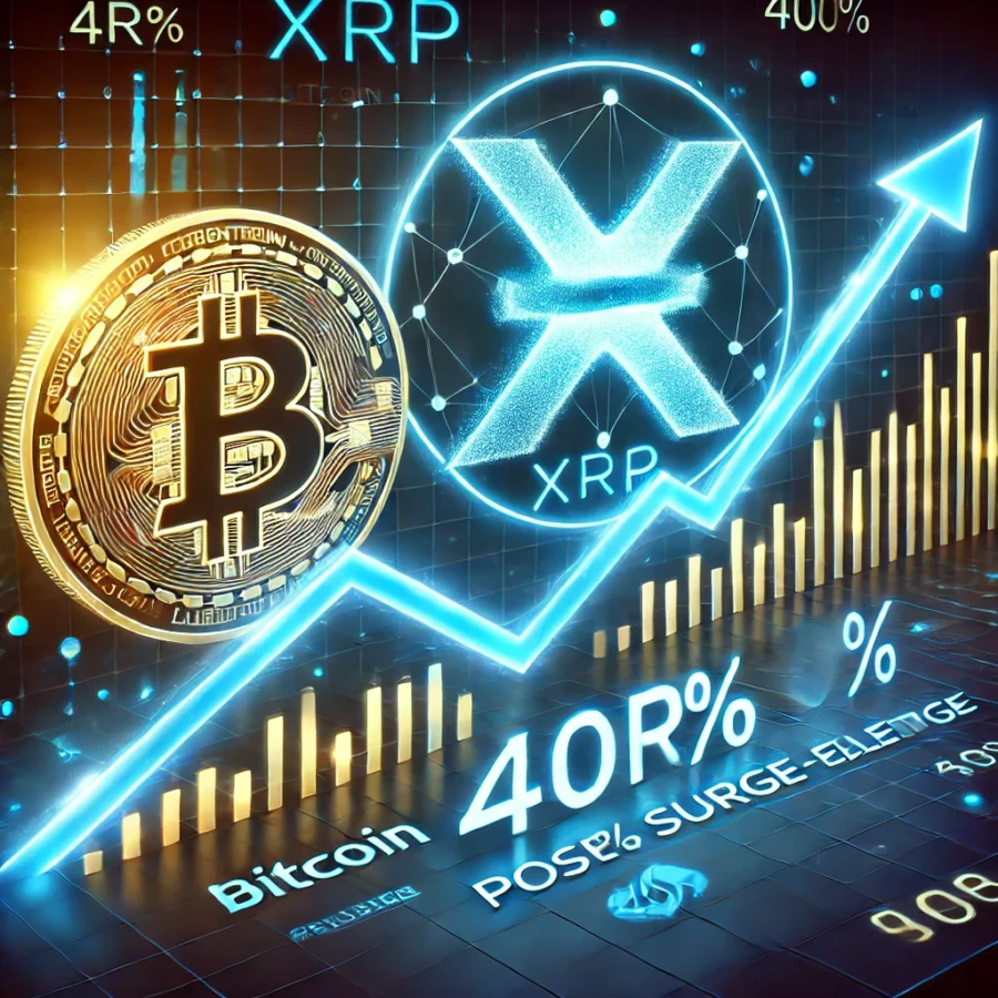 A visually compelling featured image showcasing XRP's 400% surge post-election with a futuristic graph comparing XRP and Bitcoin performance, glowing logos, and a neon-accented trend line on a dark blue background.