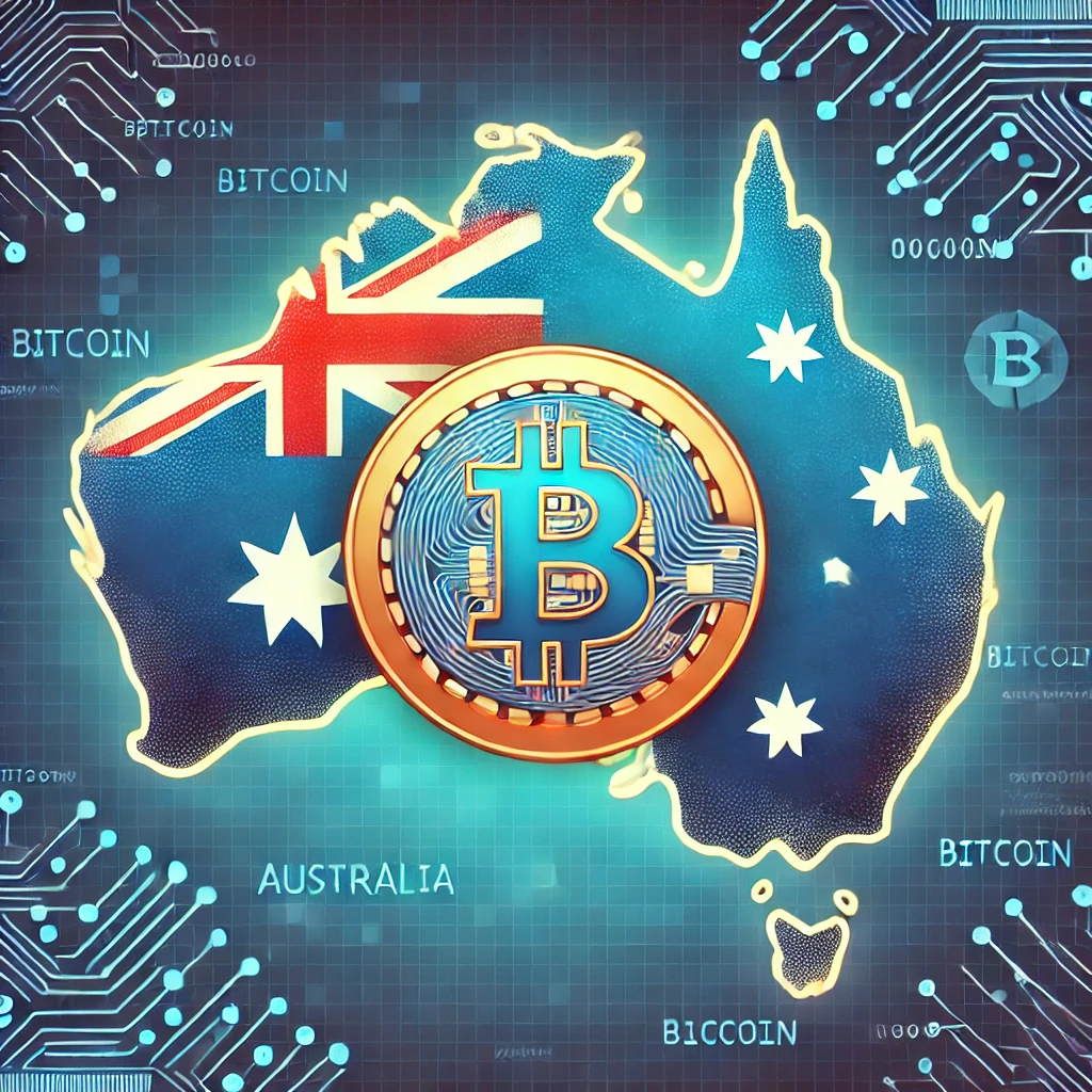 A stylized map of Australia featuring the Bitcoin logo, symbolizing cryptocurrency regulation and blockchain oversight in the country.