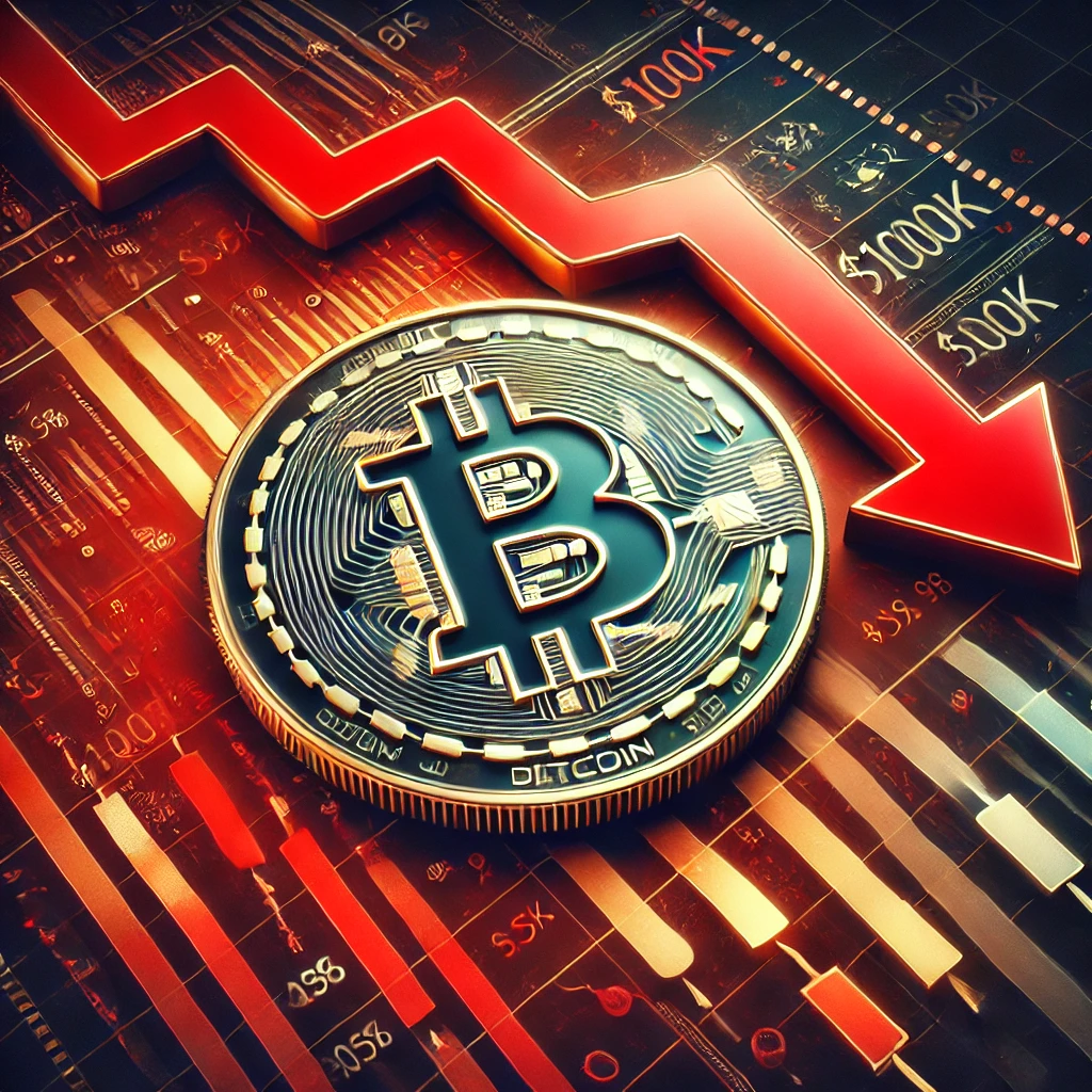 A featured image showing a Bitcoin coin with the '₿' symbol, surrounded by downward arrows indicating a price decline. The background is red and black, signifying market volatility, with a subtle line chart displaying a downward trend and bold text reading 'Bitcoin Dips Below $100K'.