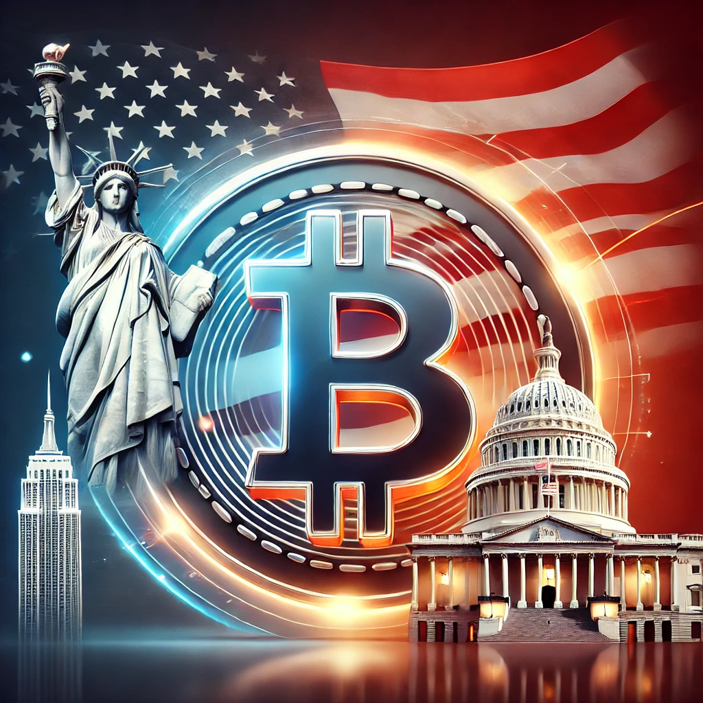 A bold design featuring the American flag, Statue of Liberty, and Capitol building, with a glowing Bitcoin logo in the foreground, symbolizing the intersection of U.S. identity and cryptocurrency innovation.