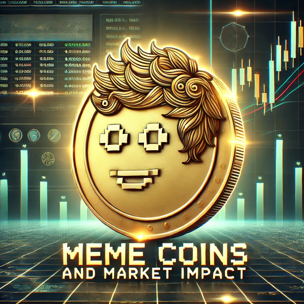 A creative featured image showcasing a gold cryptocurrency coin with playful elements like a subtle cartoonish wig design on top, symbolizing meme culture, surrounded by digital market charts and glowing highlights. The text overlay reads "Meme Coins and Market Impact.