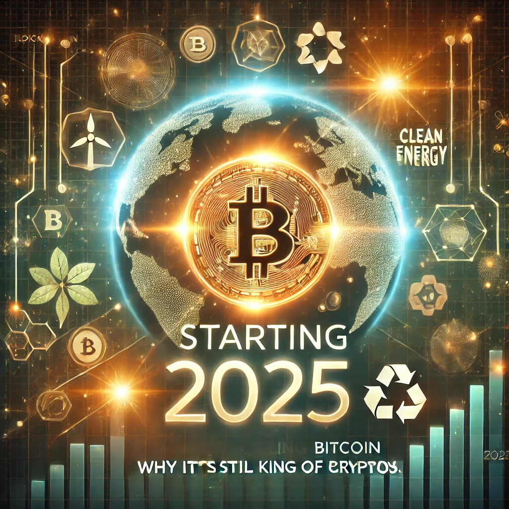 A glowing Bitcoin symbol surrounded by blockchain networks, clean energy icons, a world map, and upward-trending financial graphs, showcasing Bitcoin's innovation, sustainability, and dominance in 2025.