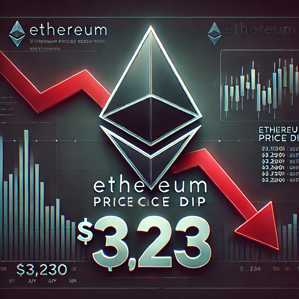 A featured image showing the Ethereum logo with a subtle red downward arrow, symbolizing a slight price dip. The current price, $3,230, is prominently displayed, with a background of digital charts and candlestick visuals representing market fluctuations.