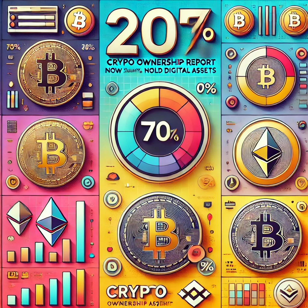 nfographic-style featured image with Bitcoin, Ethereum, and Binance Coin icons, highlighting 70% crypto ownership among American adults in 2025.