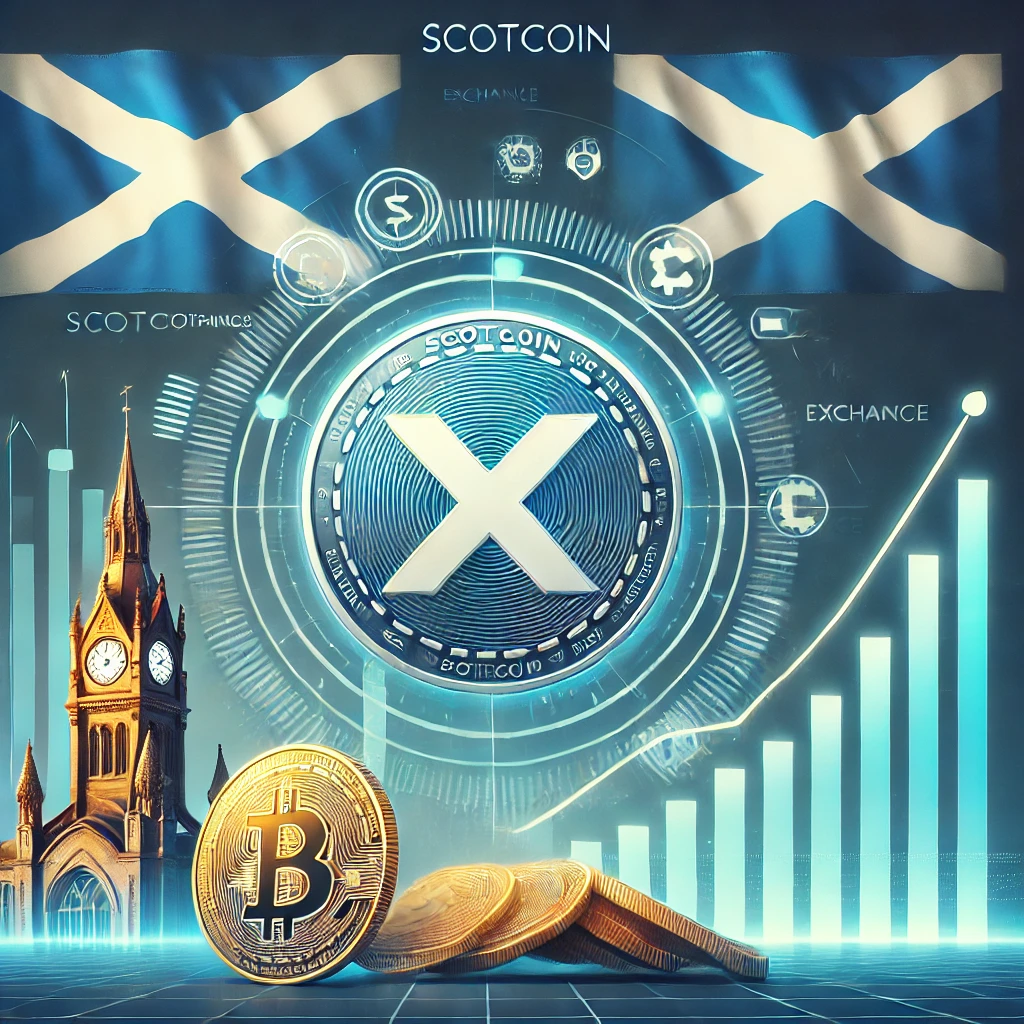 Scotcoin logo with cryptocurrency icons and an exchange graph, featuring a subtle Scottish theme in the background, representing Scotcoin's upcoming exchange listing.