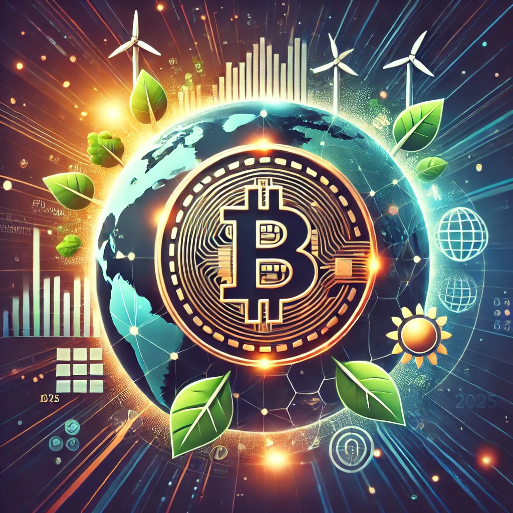 A futuristic cryptocurrency coin surrounded by blockchain visuals, a glowing globe, eco-friendly icons like leaves and solar panels, symbolizing crypto resolutions and innovations for 2025.