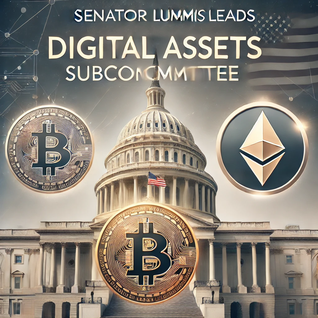 A featured image showing the U.S. Capitol Building with Bitcoin and Ethereum logos symbolizing digital assets. The headline overlay reads "Senator Lummis Leads Digital Assets Subcommittee," with a subtle American flag motif and a modern design.