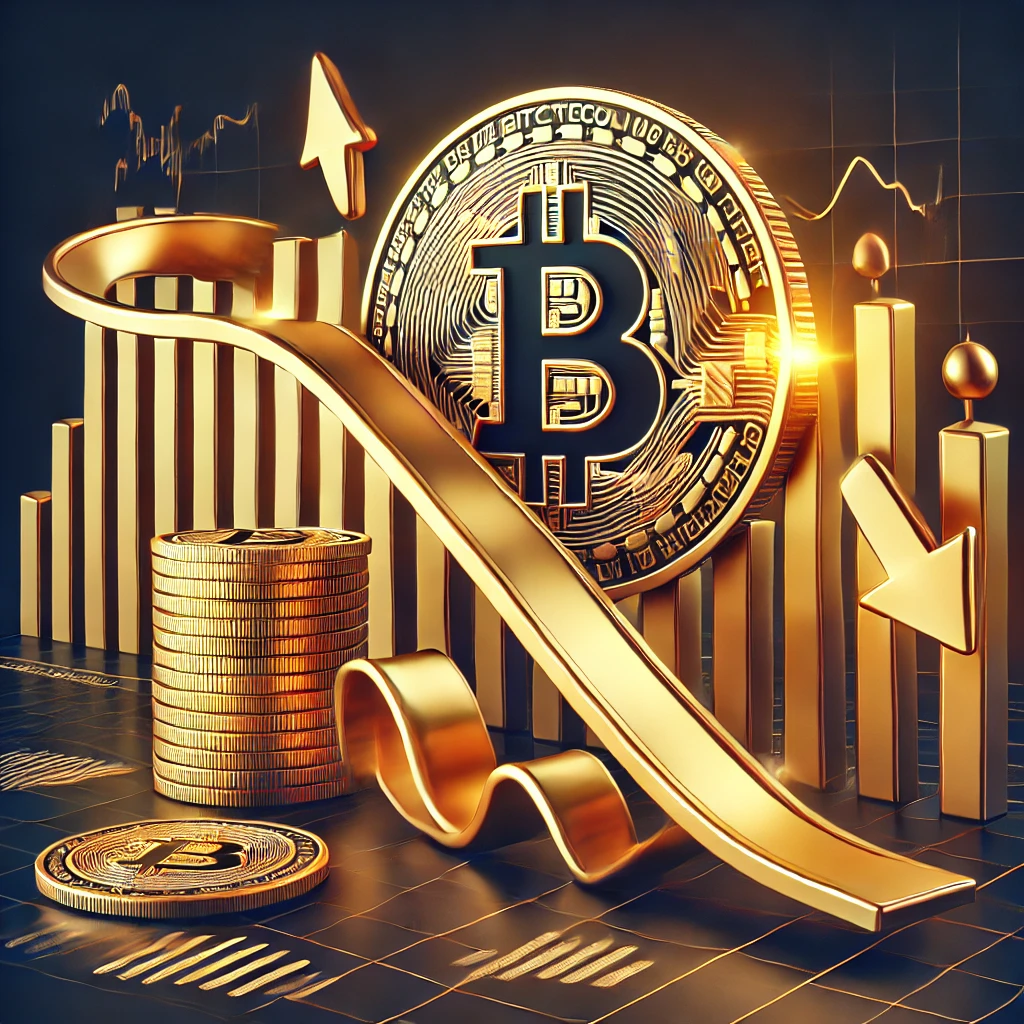 Golden Bitcoin symbol with a downward market trend graph and fluctuating arrows, representing Bitcoin's dip below $90K amid market volatility.