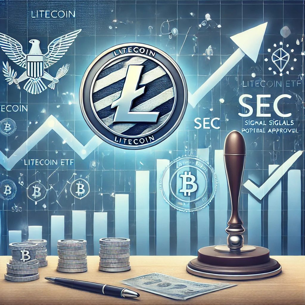 Modern stock market graph with an upward trend, a subtle Litecoin symbol, and elements representing SEC approval, emphasizing financial innovation