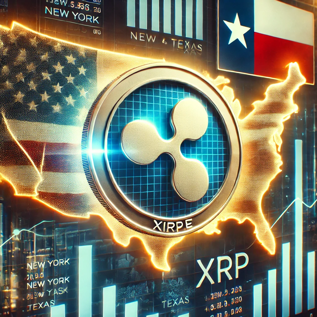 Ripple (XRP) logo glowing with the state outlines of New York and Texas in the background, symbolizing Ripple's expansion in the U.S. market.