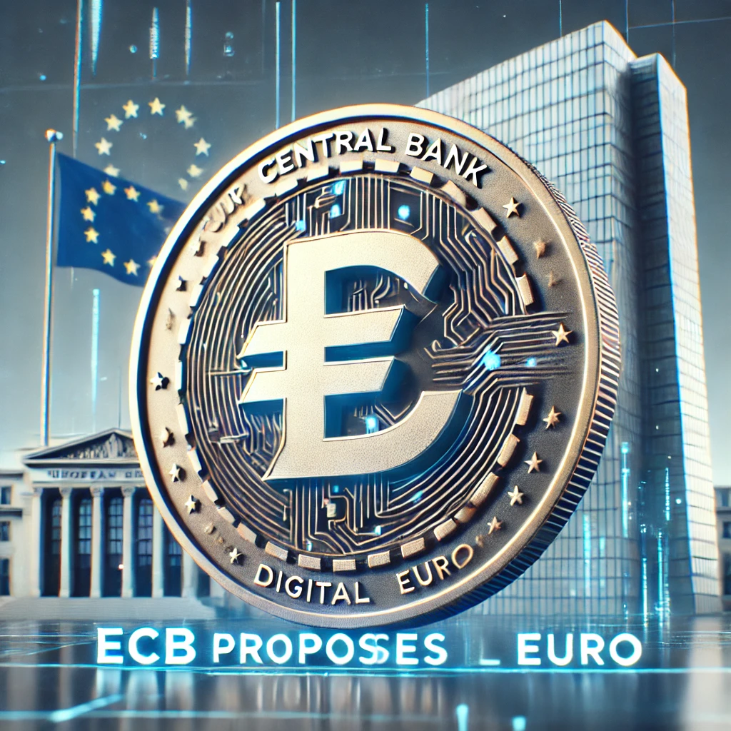 A featured image showing a digital euro coin in the foreground with the European Central Bank headquarters and the EU flag in the background. The text overlay reads "ECB Proposes Digital Euro" in bold typography.