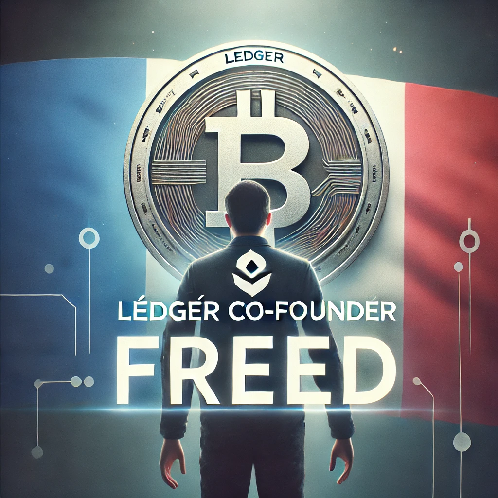 A professional featured image highlighting the news of Ledger Co-Founder David Balland's release after a kidnapping in France. It features a French flag background, the Ledger logo, and bold text reading "Ledger Co-Founder Freed.