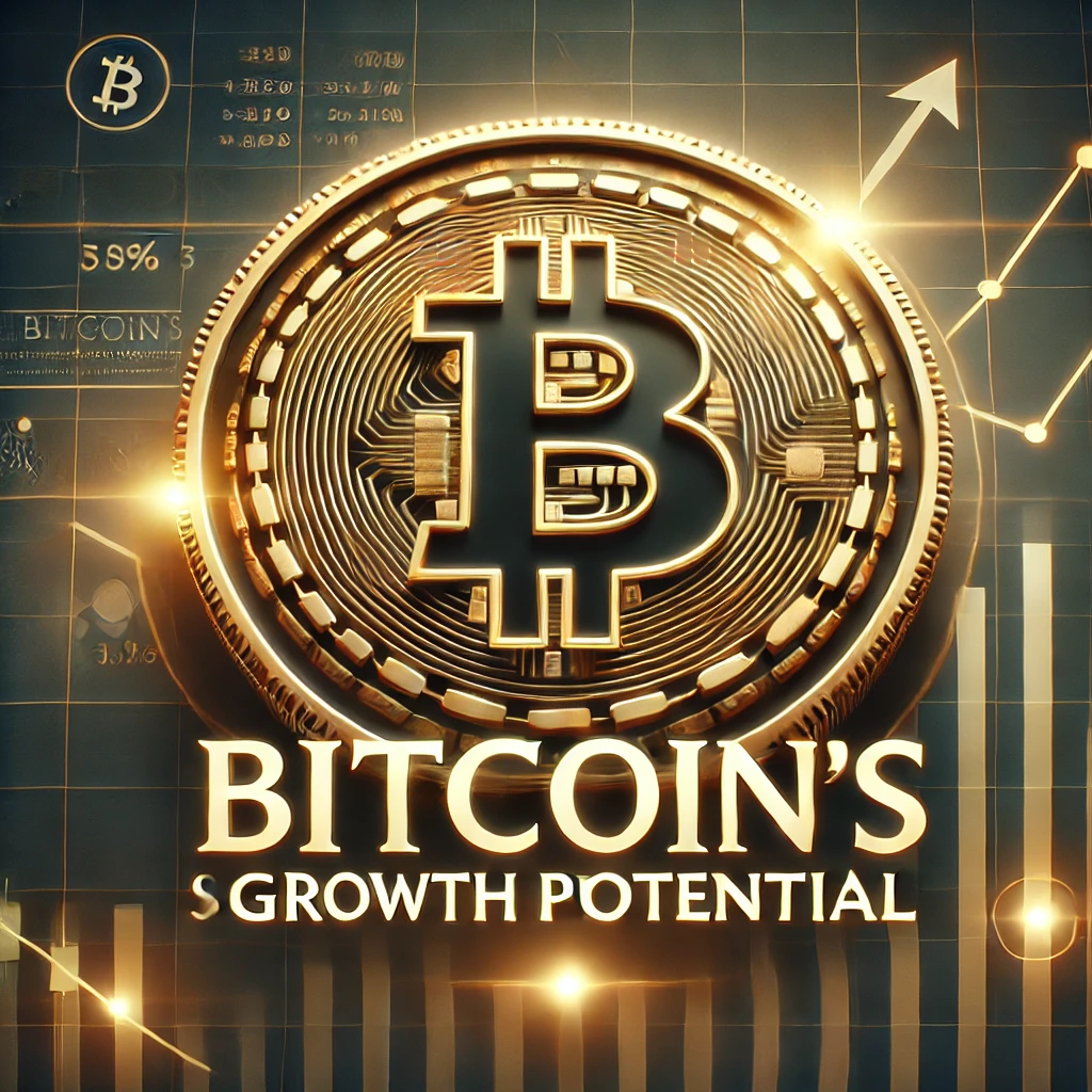 A sleek featured image showing a large golden Bitcoin logo at the center with upward-trending financial charts in the background. The text overlay reads "Bitcoin's Growth Potential," symbolizing innovation and market optimism.