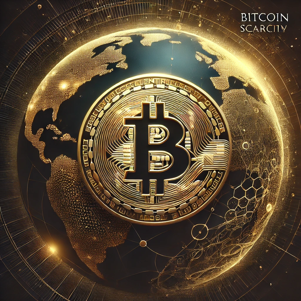 A golden Bitcoin coin embedded into a globe, surrounded by intricate blockchain patterns, symbolizing Bitcoin scarcity with a futuristic and luxurious aesthetic.