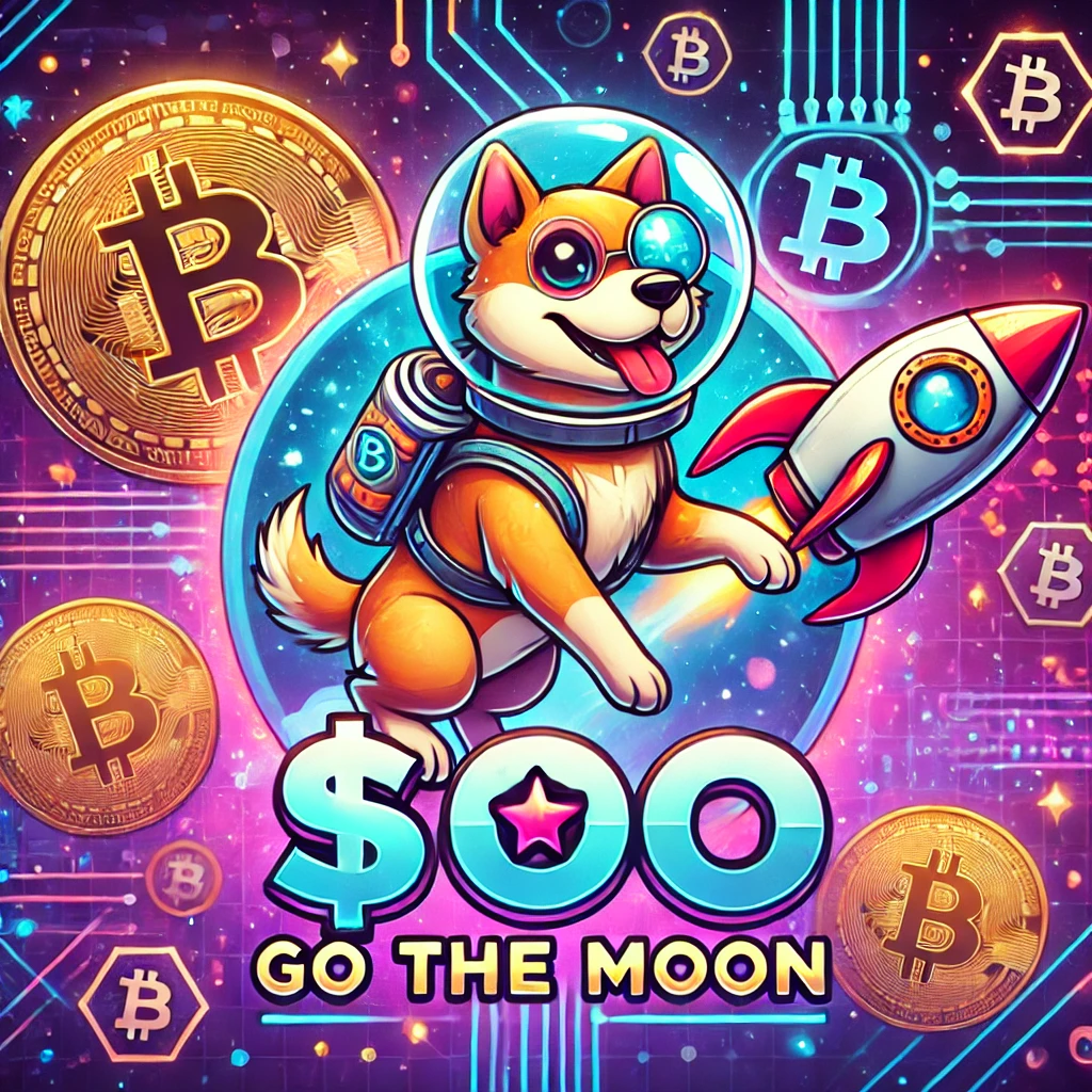 Featured image of the $DOG cryptocurrency, showcasing a playful cartoon dog with a rocket backpack and Bitcoin-themed futuristic elements.