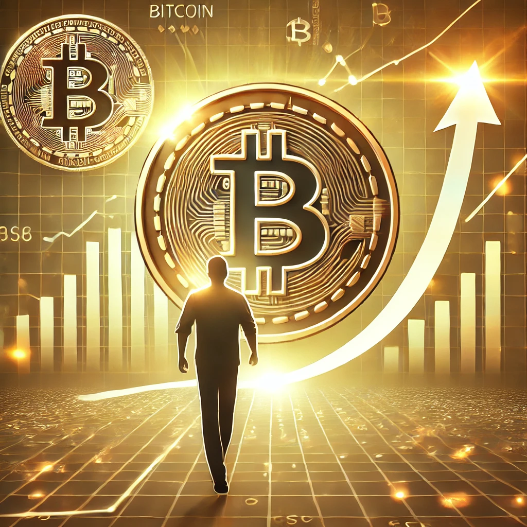 Golden Bitcoin symbol with a rising market chart and a silhouette of a person, symbolizing the journey from skepticism to support of Bitcoin and its market impact.