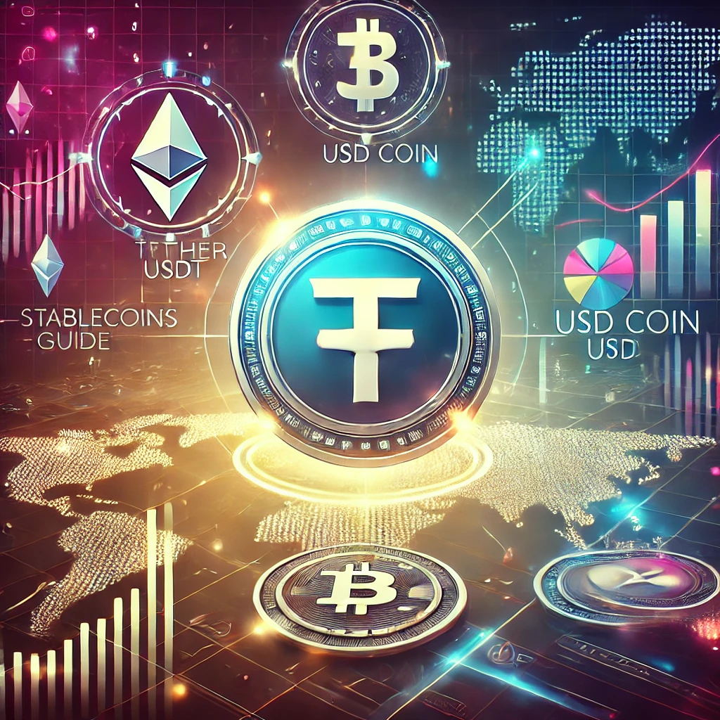 Futuristic image featuring stablecoin icons like Tether (USDT), USD Coin (USDC), and DAI, with glowing financial charts, blockchain elements, and a global map in the background