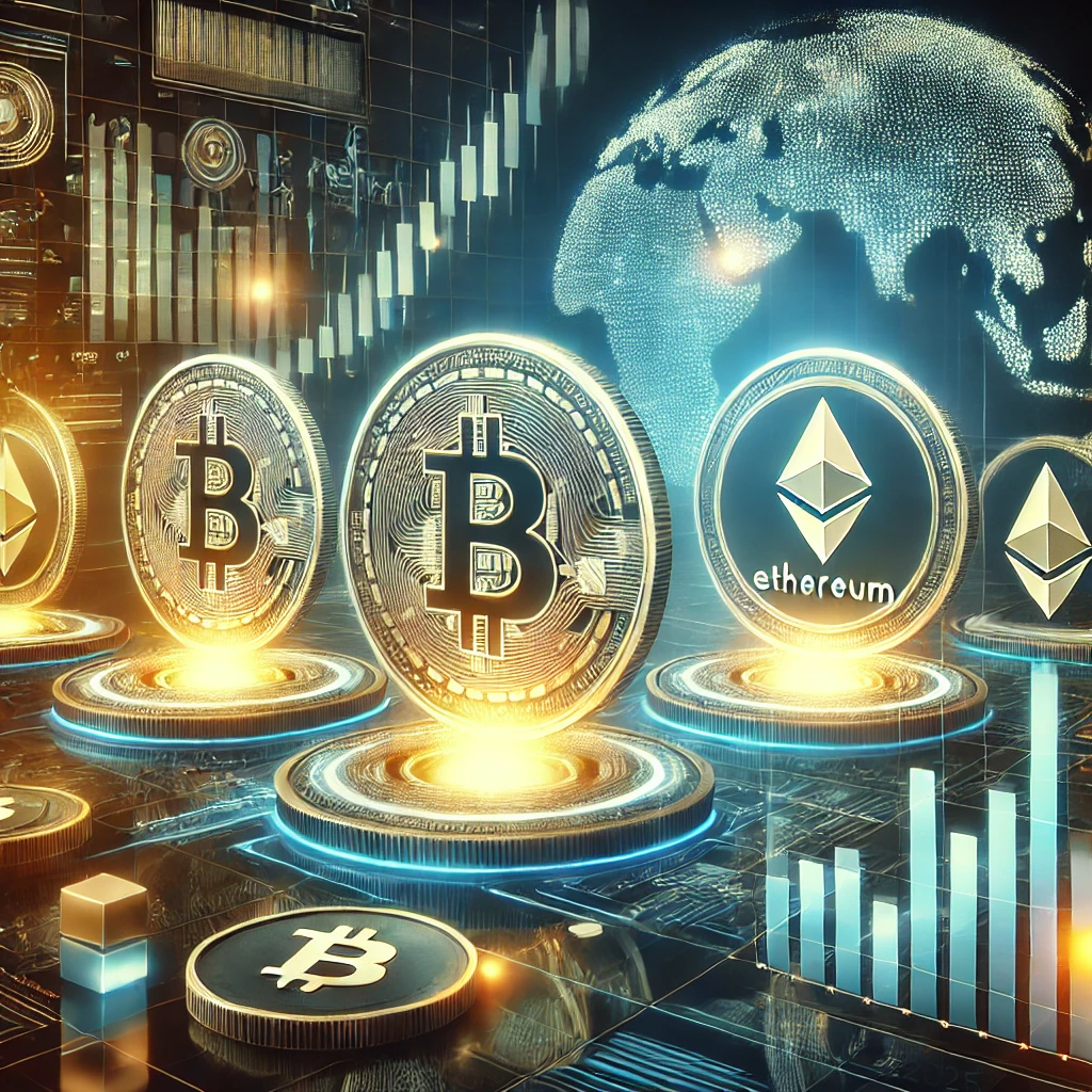 uturistic image of Bitcoin, Ethereum, and stablecoins with glowing financial graphs, blockchain icons, and a digital world map, representing expert predictions for the crypto market in 2025.