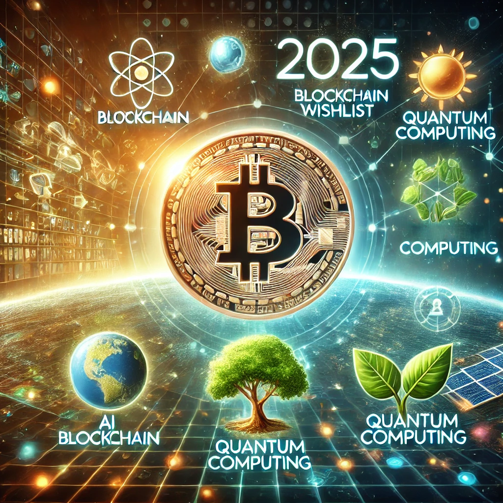 A futuristic and captivating image featuring a glowing Bitcoin symbol, holographic blockchain visuals, eco-friendly icons, and elements of AI and quantum computing, symbolizing crypto innovations in 2025.