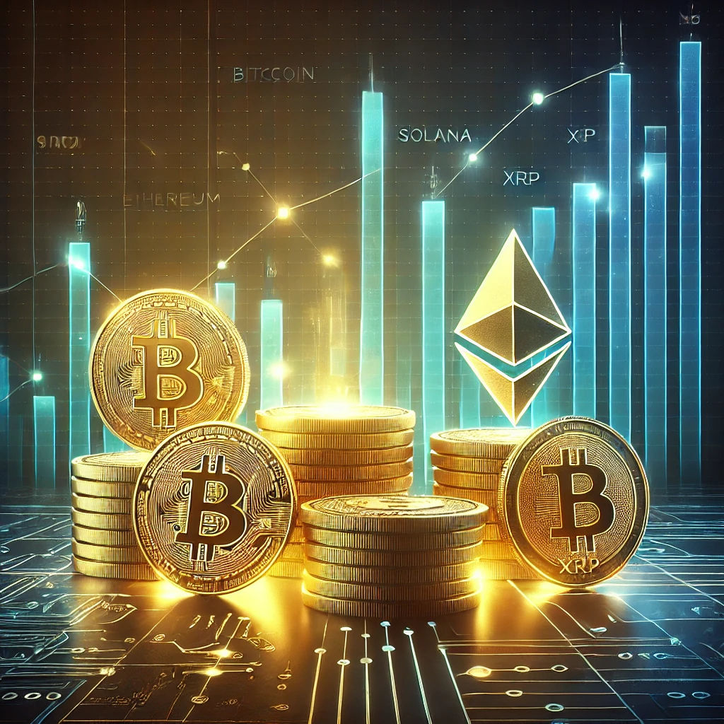 Featured image showcasing a glowing stack of digital coins including Bitcoin, Ethereum, Solana, and XRP, with a futuristic financial graph in the background, symbolizing cryptocurrency growth in 2025