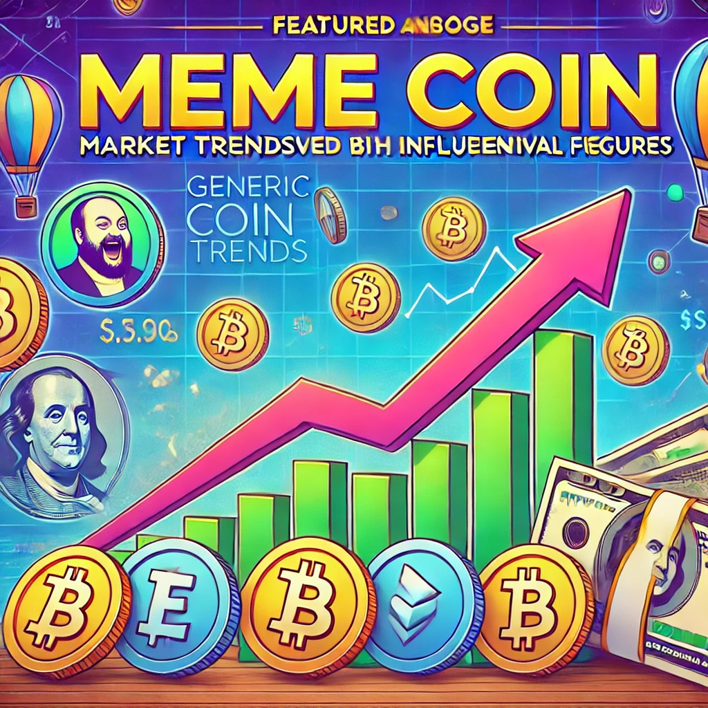 Generic coin symbols with a rising chart in a vibrant, playful design, representing meme coin market trends and cryptocurrency growth.