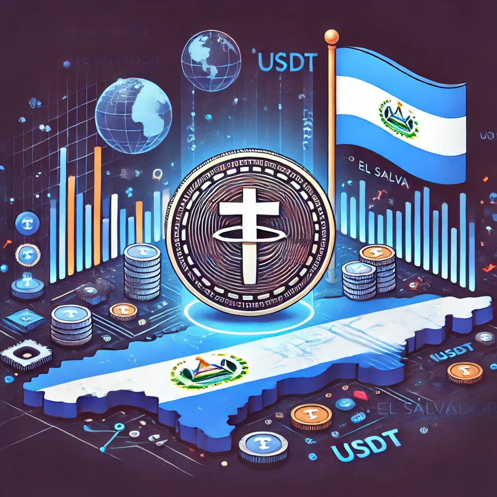 Tether (USDT) logo alongside a map of El Salvador and financial charts, symbolizing stablecoin growth and innovation in the global cryptocurrency space.