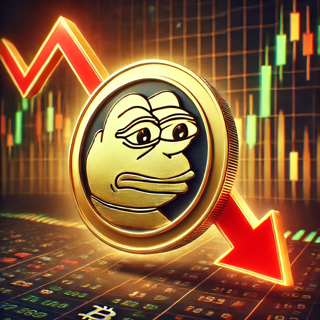 Gold Pepe Coin symbol with a red downward arrow in front of a blurred cryptocurrency chart showing declining candlesticks, representing a significant price drop